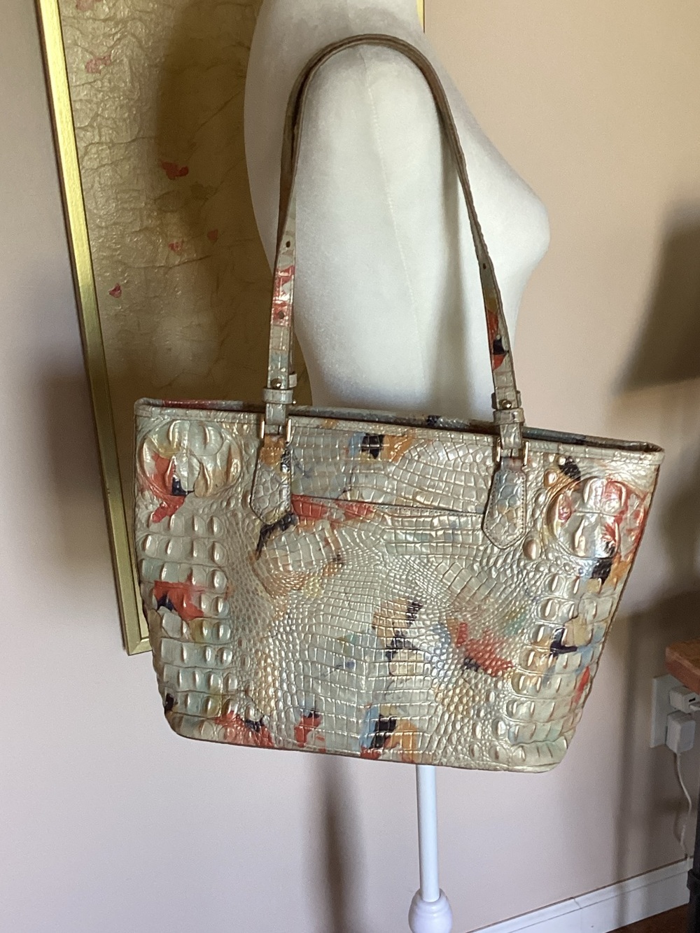 Brahmin Cream Croc-Embossed Floral Tote with Coral and Navy Accents